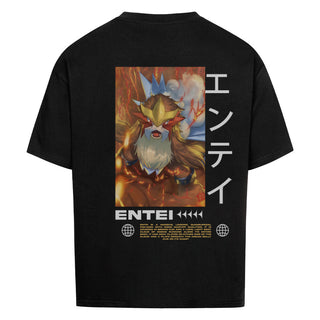 Entei Front- Backprint x Pokemon x Oversized Shirt Premium It has gray plates on either side of the cloud and a plate beneath the cream belly fur on its chest. Entei has gray paws with brown pads and black cuff-like bands on its legs. Both front paws house three small, white retractable claws, which can be seen in battle or in Pokémon Camp