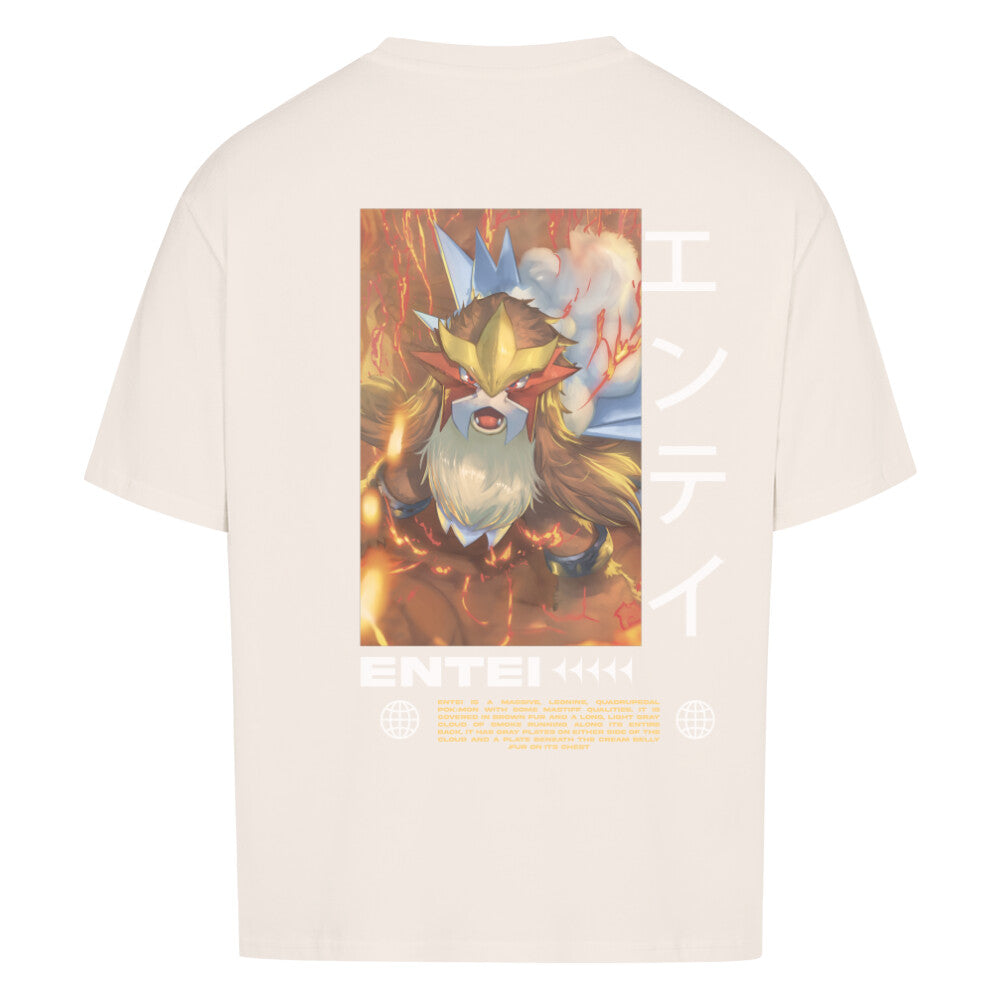 Entei Front- Backprint x Pokemon x Oversized Shirt Premium  Entei (Japanese: エンテイ Entei) is a Fire-type Legendary Pokémon introduced in Generation II.  It is not known to evolve into or from any other Pokémon.  Along with Raikou and Suicune, it is one of the Legendary beasts said to be resurrected by Ho-Oh after the burning of the Brass Tower. Out of the three beasts, Entei is said to represent the flames that burned the Brass Tower.