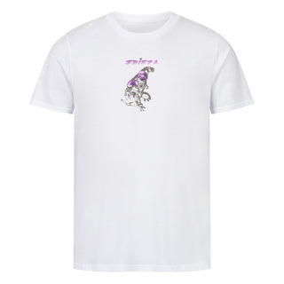 Frieza  x DBZ x Premium Organic Basic Shirt In his first form, Frieza usually wears a standard armor of his army, consisting of a purple body suit with yellow shoulder guards. He also appears to wear black shorts. He also occasionally wears a red scouter. When in his true natural form and also his golden form, Frieza wears his race