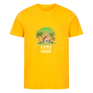 Kame House  x DBZ x Premium Organic Basic Shirt Kame House (カメハウス Kame Hausu) is a house on a very small island in the middle of the sea. It is the home of Master Roshi, and, for much of the Dragon Ball series, Launch as well. It also becomes Krillin