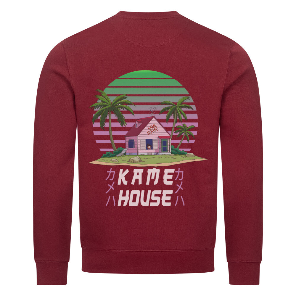 Kame House / DBZ /  Premium Organic Sweatshirt In Dragon Ball, the first floor of Kame House consists of a main room, which serves as a living room. It has a TV set, a closet, a low table, and some cushioned seatings. From the living room, there are doors leading to the kitchen on the back, and to the toilet on the right. On the left side, there are stairs for the second floor, which contains a single bedroom