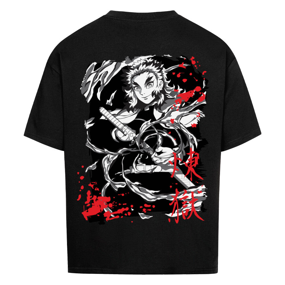 Luftiges Oversize Shirt mit Rengoku-Aufdruck, leuchtende Farben, lässig und stilvoll für Demon Slayer Enthusiasten, geeignet für alle Geschlechter, ideal für Freizeit und Fan-Treffen
