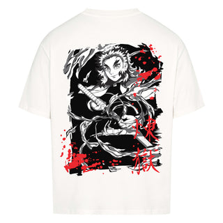 Elegantes weißes Oversize Shirt mit Rengoku-Motiv, ideal für Demon Slayer-Enthusiasten, leicht und luftig, passend für alle Geschlechter, perfekt für Casual Styles und Anime-Events.