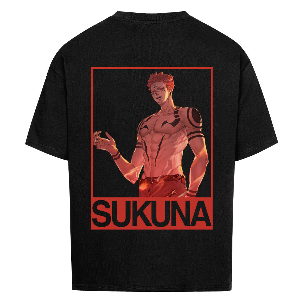Schwarzes Oversize Shirt mit dynamischem rotem Sukuna-Design aus 