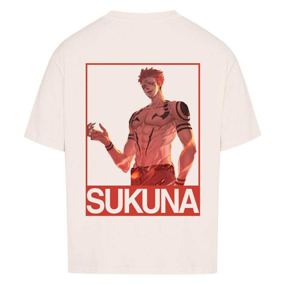 Beiges Oversize Shirt mit auffälligem rotem Sukuna-Design aus 